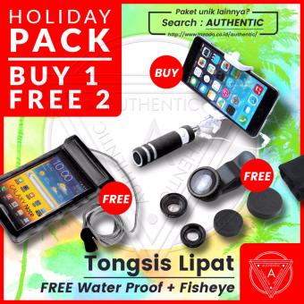 Authentic Tongsis Mini Tombol Lipat Portable - Selfie Tongkat Narsis Otomatis Gratis Water Proof + Lens 3in1 Fish eye, Wide, Macro