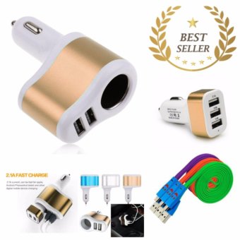 Car Charger 2 Port USB + Cigarette Lighter Socket - Gold + Gratis 1 Buah Car Charger 3 Port USB + 3 Buah Kabel Data Smile Micro USB