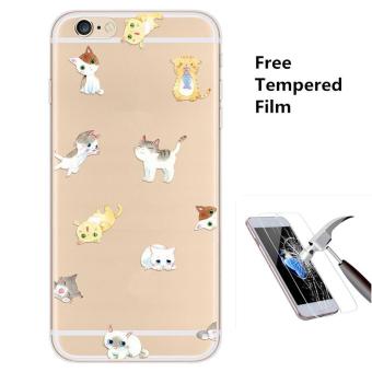 4ever 1pcs Transparent Silicone Soft TPU Phone Case with Screen Protective Tempered Glass Film for iPhone 6 Plus/6s Plus (Cat) - intl