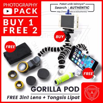 Beli 1 Dapat 2 Gratis - Authentic Gorilla Pod Flexible Tripod Holder U Bonus Tongsis / Monopod + Lensa 3 in 1 (Super Wide , Macro , Fish Eye)