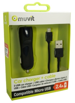 MuVit Universal Car Charger 2Usb 2.4A + Micro Usb Reversible - Black