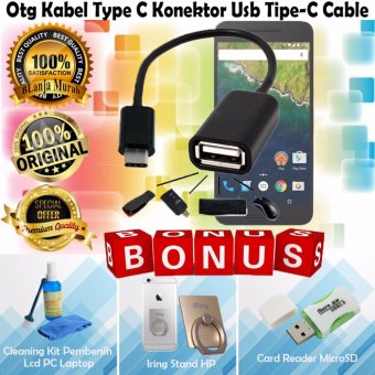 Trends OTG Kabel Type C Konektor Usb Tipe-C Cable - Hitam Gratis Card Reader MicroSD + Iring Stand HP & Cleaning Kit Pembersih LCD PC Laptop