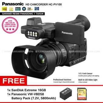 Panasonic HC-PV100 Full HD Camcorder - 20x optical zoom Built-in LED Video Light (Garansi Resmi) + Panasonic VW-VBD58 Battery Pack (7.2V, 5800mAh) + SanDisk Extreme 16GB Speed 90 mb/s