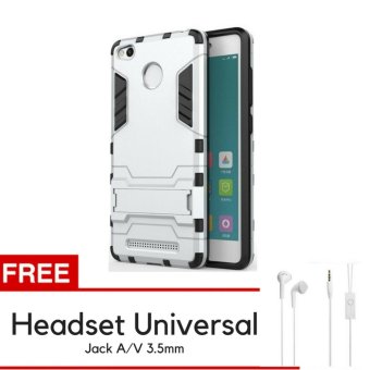 ProCase Kickstand Hybrid Armor Iron Man PC+TPU Back Cover Case for Xiaomi Redmi 3 Pro / 3s - Silver + Gratis Universal Headset