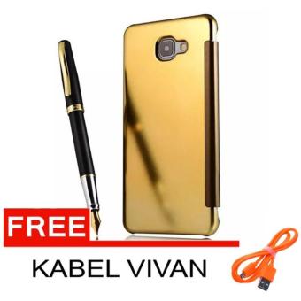 Executive Chanel Case Samsung Galaxy J7 Prime Flipcase Flip Mirror Cover S View Transparan Auto Lock Casing Hp- Gold + Free Kabel Data Vivan