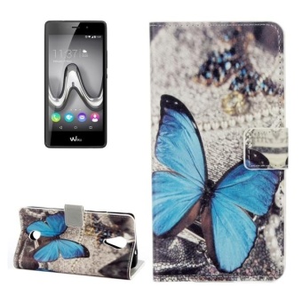 For Wiko TOMMY Blue Butterfly Pattern Horizontal Flip Leather Case With Holder and Card Slots and Wallet - intl
