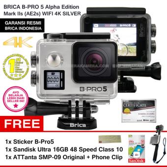 BRICA B-Pro5 Alpha Edition 4K Mark IIs (AE2s) SILVER + Sticker B-Pro + Sandisk Ultra 16Gb Speed48 Class10 + Tongsis Attanta SMP-09 Original + Phone Clip
