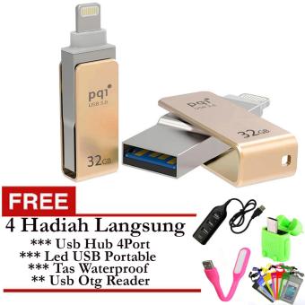 Pqi iConnect Mini USB 3.0 OTG Flashdisk Lightning Apple & USB 3.0 32GB + Gratis Usb Hub 4 Port + Usb Led Portable + Usb OTG Reader & Tas Waterproof