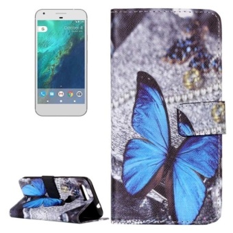 For Google Pixel Blue Butterfly Pattern Horizontal Flip Leather Case With Card Slots and Wallet and Holder - intl