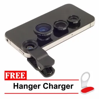 Universal Clip Lens Fish Eye 3in1 for Sony Experia M4 / Aqua - Hitam + Free Hanger Charger