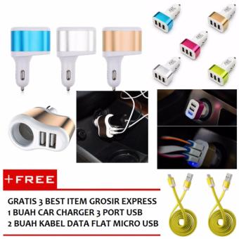 Car Charger 2 Port USB + Cigarette Lighter Socket - Multicolour + Gratis 2 Buah Kabel Data Flat Micro USB + 1 Buah Car Charger 3 Port USB