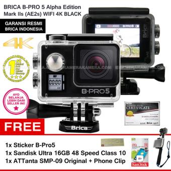 BRICA B-Pro5 Alpha Edition 4K Mark IIs (AE2s) BLACK + Sticker B-Pro + Sandisk Ultra 16Gb Speed48 Class10 + Tongsis Attanta SMP-09 Original + Phone Clip