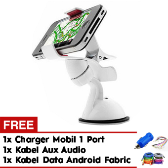 Premium Car Holder Mobil 360° Rotating Universal Windshield Mount Stand Dudukan Putih Free Car Charger Mobil + Kabel Data Android + Kabel Aux Audio Speaker