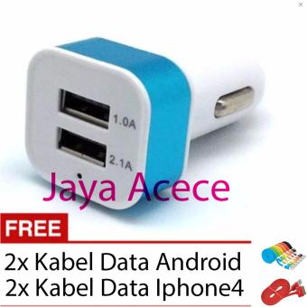 Jaya Acece - car charger Usb 2port Charger Mobil Metalik Free 2 Kabel data Android + 2 Kabel data Iphone4