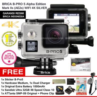 BRICA B-Pro5 Alpha Edition 4K Mark IIs (AE2s) SILVER + Sticker B-Pro + Sandisk Ultra 32Gb Speed48 Class10 + Tongsis Attanta SMP-09 Original + Phone Clip + Battery 1000 mAh + Charger + Hardcase Medium
