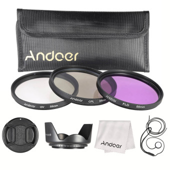 Andoer 55 mm saring kit (UV + CPL + FLD)/nilon membawa kantong/Cap/tutup lensa pemegang // kain pembersih lensa kap lensa
