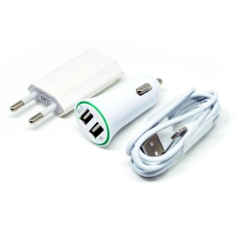 Universal 3 in 1 EU Plug Car Charger & USB Lightning Cable Adapter for iPhone 5/5s/6/iPad/iPod - Putih