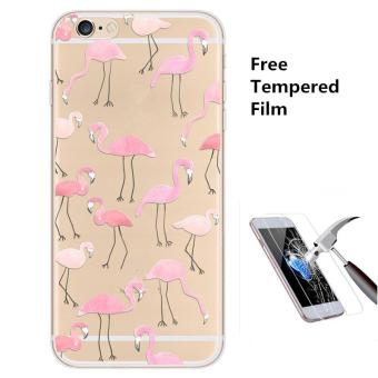 4ever 1pcs Transparent Silicone Soft TPU Phone Case with Screen Protective Tempered Glass Film for iPhone 7 (Flamingo) - intl