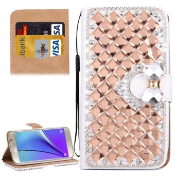 For Samsung Galaxy Note 5 / N920 Diamond Encrusted Bowknot Pattern Horizontal Flip Leather Case With Magnetic Buckle and Card Slots and Holder and Lanyard(Rose Gold)