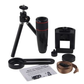 Universal 12X Zoom Telescope Camera Lens Mini Tripod Clip Kit for Mobile Phone Black