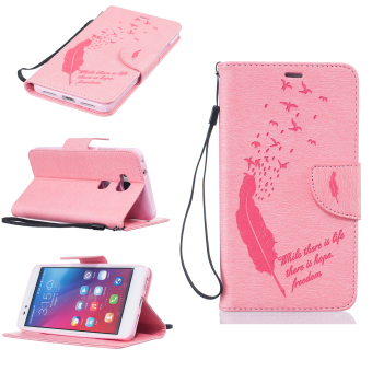Birds Feather With Wallet Card Slots PU Leather Case Flip Stand Cover for Huawei Honor 5X / Huawei GR5 (5.5 inch) (Pink) (Intl) - Intl