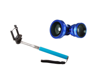 Tongsis Monopod - Biru + Lens Clip Fisheye 3in1 - Biru
