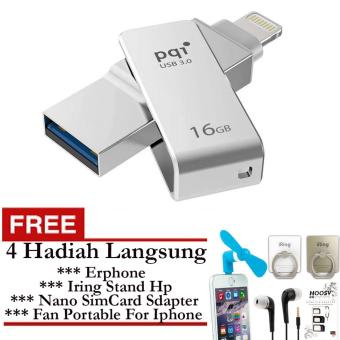 Pqi Usb 3.0 OTG Flashdisk Lightning For Apple Iphone ( iConnect Mini 002 )& USB 3.0 - 16GB + Gratis Fan Portable For Iphone + Erphone + Iring Stand Hp & Nano Simcard Adapter