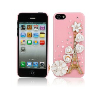 niceEshop Handmade Bling Rhinestones Eiffel Tower and Lucky Camellia Flowers Hard Case for iPhone 4 4S (Multicolor)