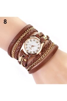 Buytra Women's Leather Bracelet WristWatch Vintage Weave Wrap Rivet Brown