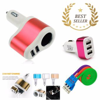 Car Charger 2 Port USB + Cigarette Lighter Socket - Pink + Gratis 1 Buah Car Charger 3 Port USB + 3 Buah Kabel Data Smile Micro USB