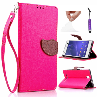 Moonmini daun bergaya pola sandal penutup PU kulit kasus untuk stan Sony Xperia C3 - Hot Pink