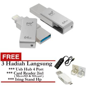 Pqi iConnect Mini OTG Flashdisk Lightning Apple & USB 3.0 - 64GB + Gratis Usb Hub 4 Port + Iring Stand Hp & Card Reader 2in1