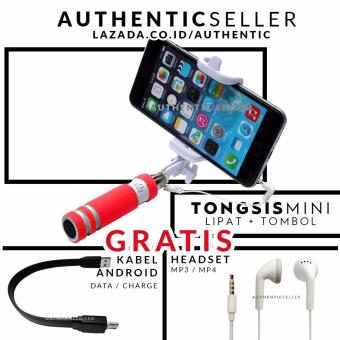 Authentic Tongsis Mini Tombol Lipat Portable - Selfie Tongkat Narsis Otomatis Gratis Handsfree MP3 / MP4 Bass + Kabel Data Android Micro USB 26cm