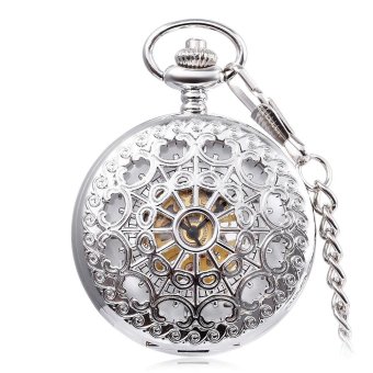 S&L PC5 Retro Mechanical Hand Wind Pocket Watch Hollow-out Front Cover Flower Relief Necklace Wristwatch (Silver) - intl