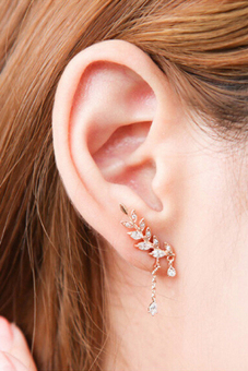 Buytra Clip Earrings Asymmetric Leaf Crystal Gold