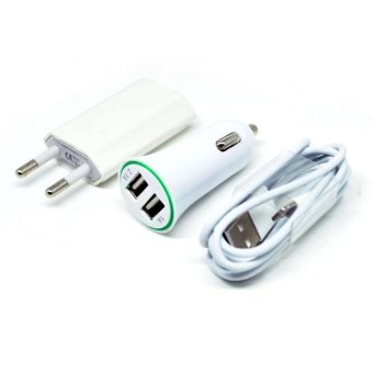 Universal 3 in 1 EU Plug Car Charger + USB Lightning Cable + Adapter Charger for iPhone 5/5s/6/iPad/iPod - Putih