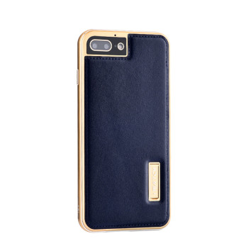DAYJOY Luxury Premium Aluminum Metal Shockproof Bumper Frame Case + Real Genuine Cow Leather Back Cover With invisible Kickstand and Lanyard for Apple IPhone 7 Plus (GOLDEN+BLUE) - intl