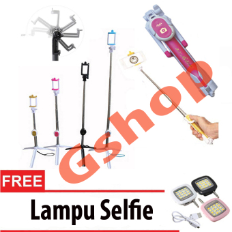 Gshop Tongsis 3 in 1 Selfie Stick Built In Bluetooth Tripod + Lampu Selfie - Hotpink