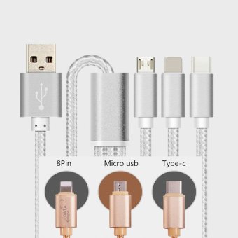 Gshop Micro+Lightning+Type-C 3 in 1 Gold Apple and Micro USB Charger Cable Nylon Lighting Cord Charging for Android / iPhone / iPad 1.25M