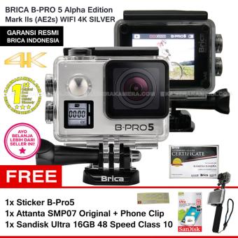 BRICA B-Pro5 Alpha Edition 4K Mark IIs (AE2s) SILVER + Sticker B-Pro + Sandisk Ultra 16Gb Speed48 Class10 + Tongsis Attanta SMP-07 Original + Phone Clip