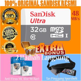 Original SanDisk Ultra 48MBps 32GB microSDHC Card - Gratis Trend's Waterproof Sport Belt Premium High Quality Running / Bersepeda / Jogging / Jalan Santai & Anti Virus MC Afee 90 Hari