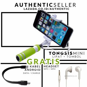 Authentic Tongsis Mini Tombol Lipat Portable - Selfie Tongkat Narsis Otomatis Gratis Handsfree MP3 / MP4 Bass + Kabel Data Android Micro USB 26cm