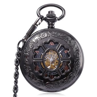 S&L PC38 Retro Mechanical Hand Wind Pocket Watch Roman Numerals Display Hollow-out Cover Wristwatch (Black) - intl