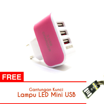 MiiBox Travel Charger MicroUSB LED 3 Ports USB AC Wall Charger Adapter 3.1A + USB LAMPU LED MINI (Pink)