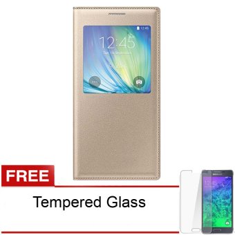 Flip Cover Samsung Galaxy A3 / A310 2016 Flip Fiew Cover - Gold + Gratis Tempered Glass