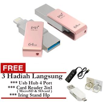 Pqi iConnect Mini OTG Flashdisk Lightning Apple & USB 3.0 - 64GB + Gratis Usb Hub 4 Port + Iring Stand Hp & Card Reader 2in1