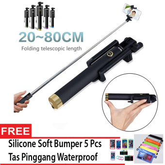 Gshop Tongsis Handheld Monopod Extendable Foldable Wired Selfie Stick + Tas Pinggang Waterproof + 5 Pcs Bumper Handphone