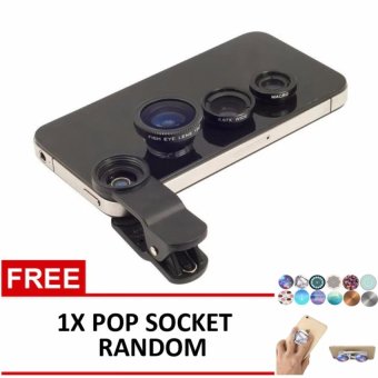Universal Clip Fish Eye 3in1 for Xiaomi Redmi 3 / 3s / 3x / Pro / Prime - Hitam + Free 1x Pop Socket