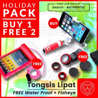 Authentic Tongsis Mini Tombol Lipat Portable - Selfie Tongkat Narsis Otomatis Gratis Water Proof + Lens 3in1 Fish eye, Wide, Macro