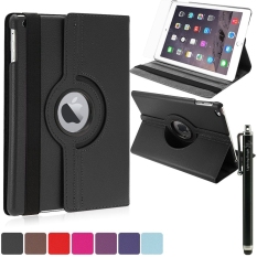 Moonmini Case for Apple iPad Air 2 iPad 6 - Black Stylish 360 Degrees Rotation PU Leather Folding Stand Flip Case Cover Skin Protector with Stylus Pen and Screen Film